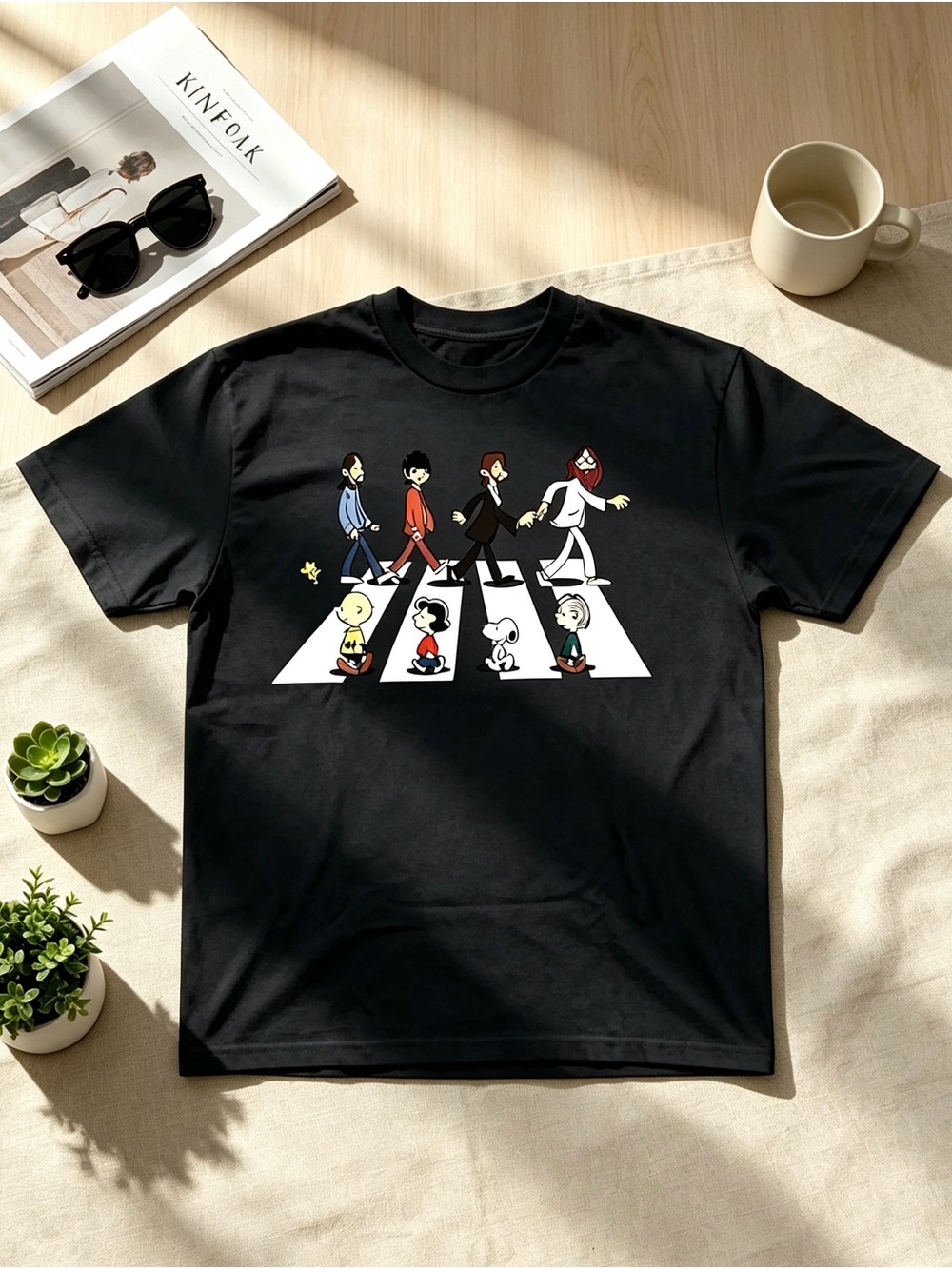 Black Short-Sleeve Graphic Tee with Cartoon Crosswalk Print